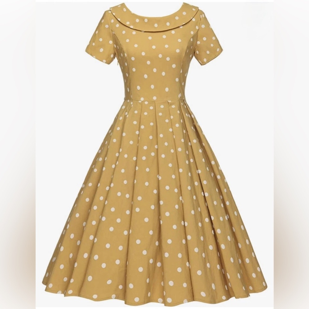 GOWN TOWN Polka Dot Rockabilly Pinup Yellow White Fit & Flare Midi Dress Medium